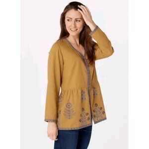 LOGO Lavish by Lori Goldstein Woven Cardigan with Embroidery NWOT Golden Sz M